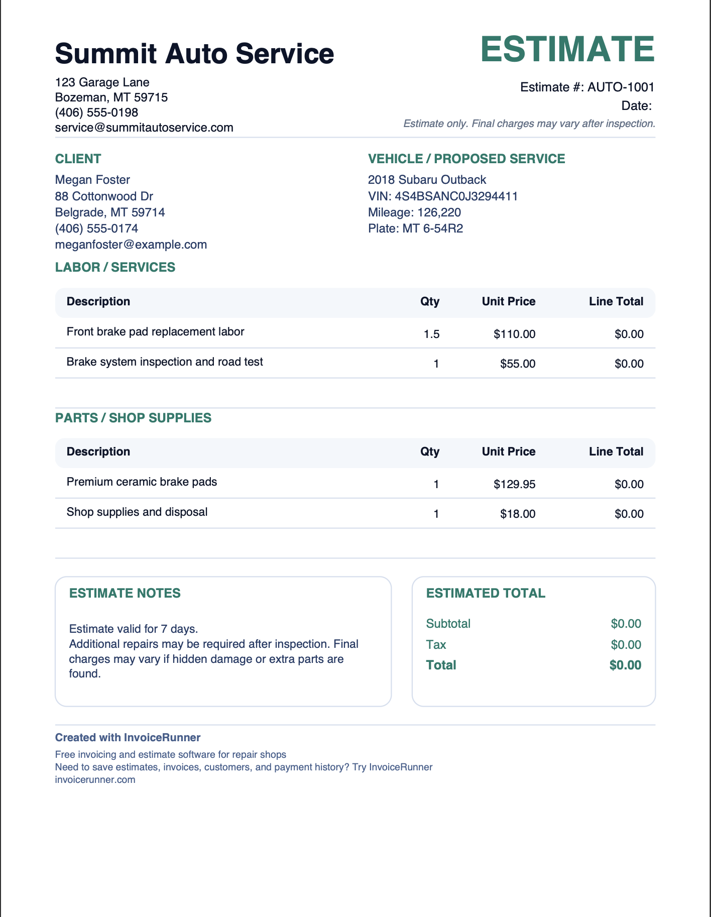 Example auto repair estimate template generated with InvoiceRunner