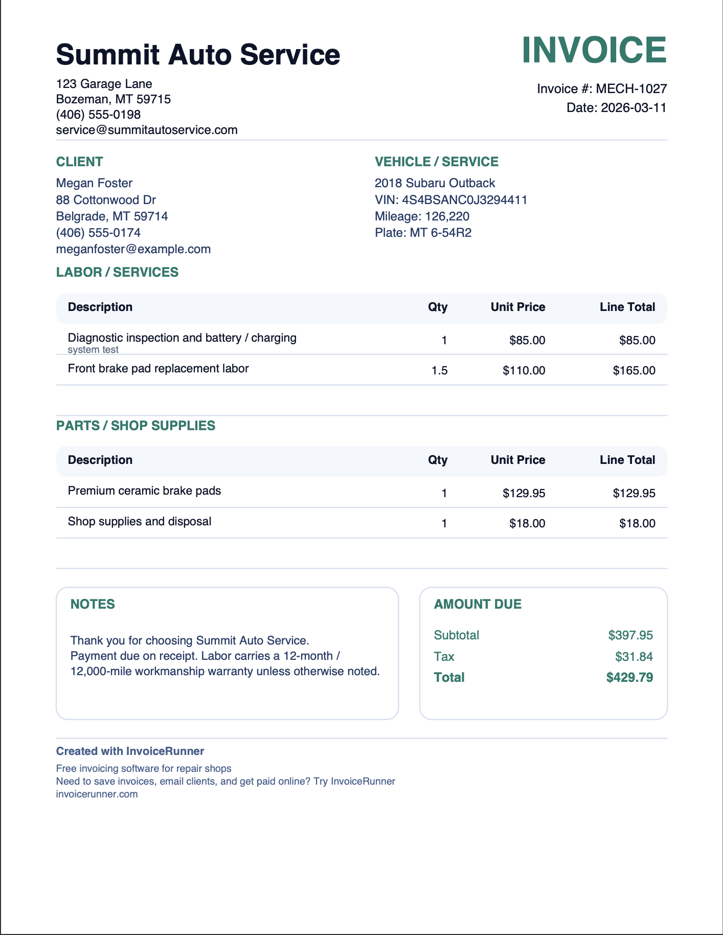 Example mechanic invoice template generated with InvoiceRunner