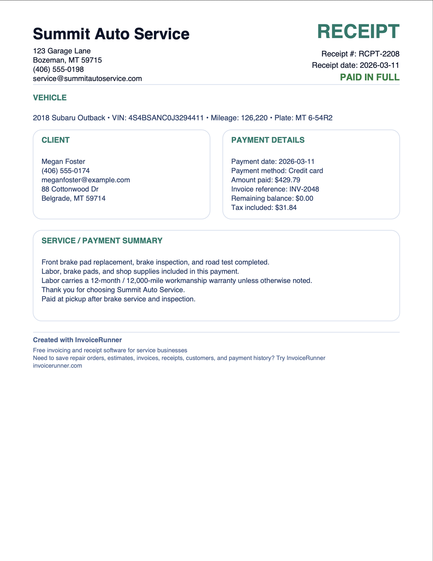 Example auto repair payment receipt PDF generated with InvoiceRunner
