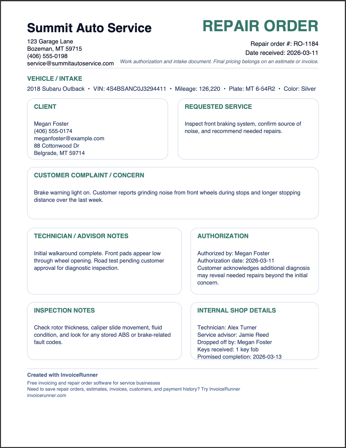 Example auto repair work order PDF generated with InvoiceRunner